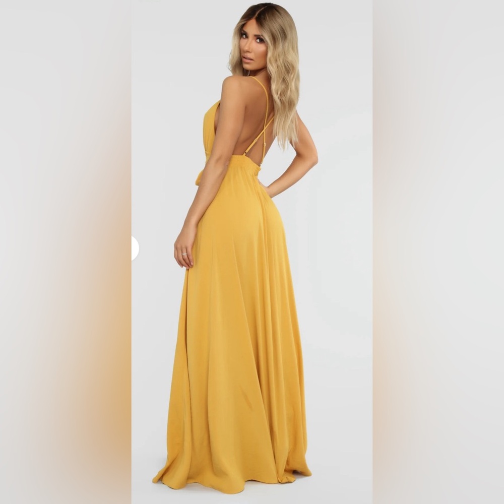 Fashion Nova River Flow Mustard Yellow V-Neck Tie-Waist Maxi Dress - Picture 2 of 10